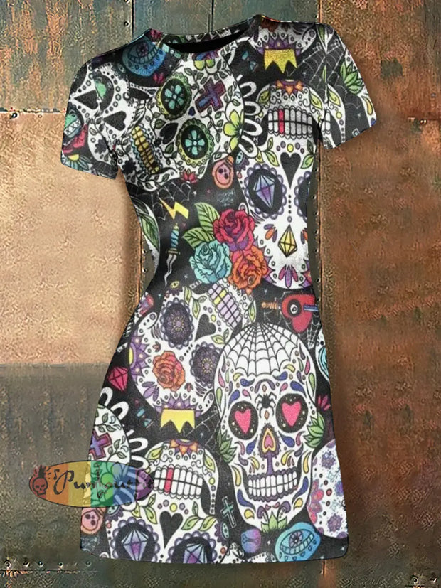 Women’s Day Of The Dead Abstract Print Casual Mini Dress Colorful / S