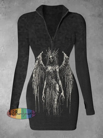 Women’s Devil Angel Print Casual Long Sleeve Mini Dress Black / S