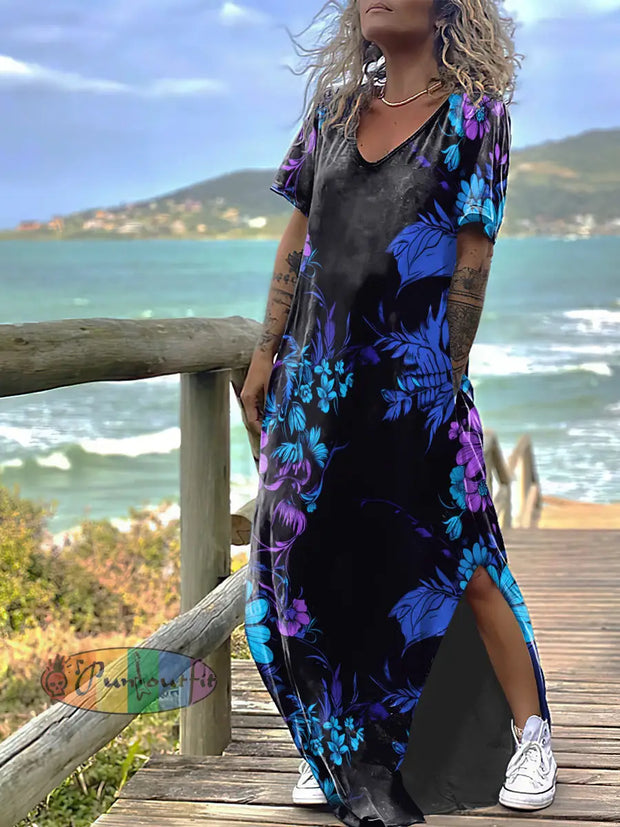 Women’s Everlasting Flower Abstract Print Design Short Sleeve Maxi Dress Black / S