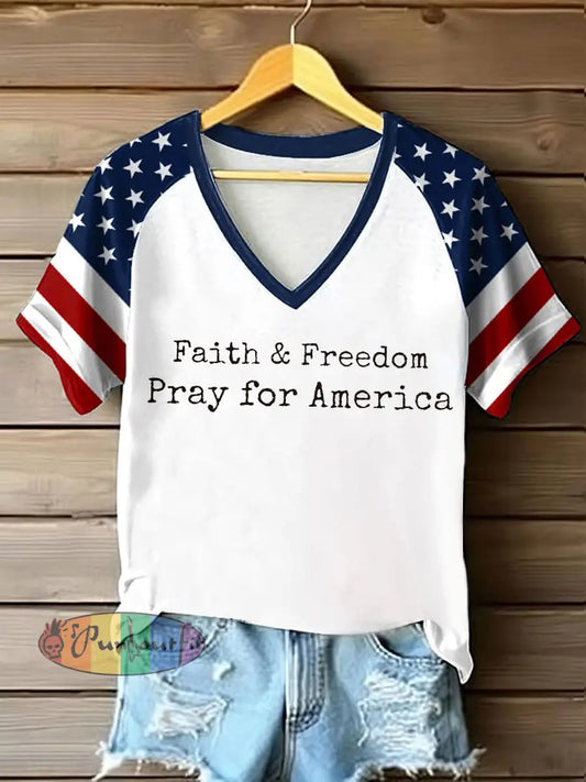 Women’s Faith Freedom Pray For America Printed T-shirt White / S