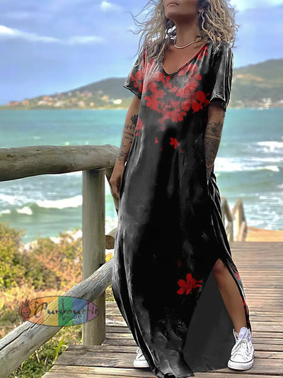 Women’s Falling Flowers Print Design Short Sleeve Maxi Dress Black / S