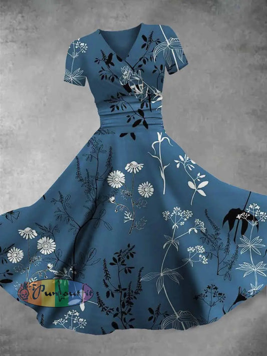 Women’s Fantasy Floral Print Casual Short Sleeve Dress Blue / S