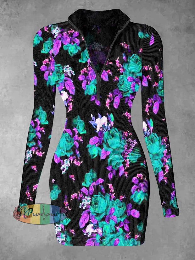 Women’s Fantasy Flowers Print Casual Long Sleeve Mini Dress Colorful / S