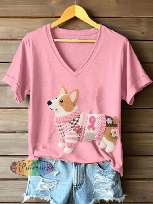 Women’s Felt Art Corgi Pattern V Neck T Shirt Pink / S