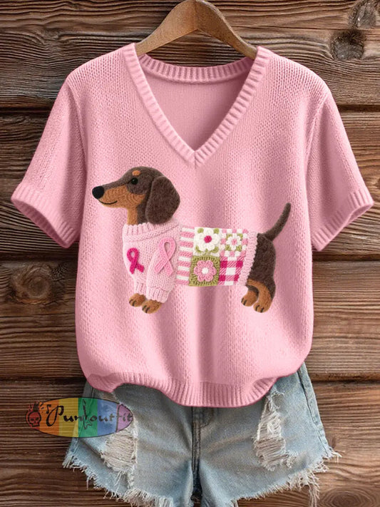 Women’s Felt Art Dachshund Pattern Cozy Knit Top Pink / S