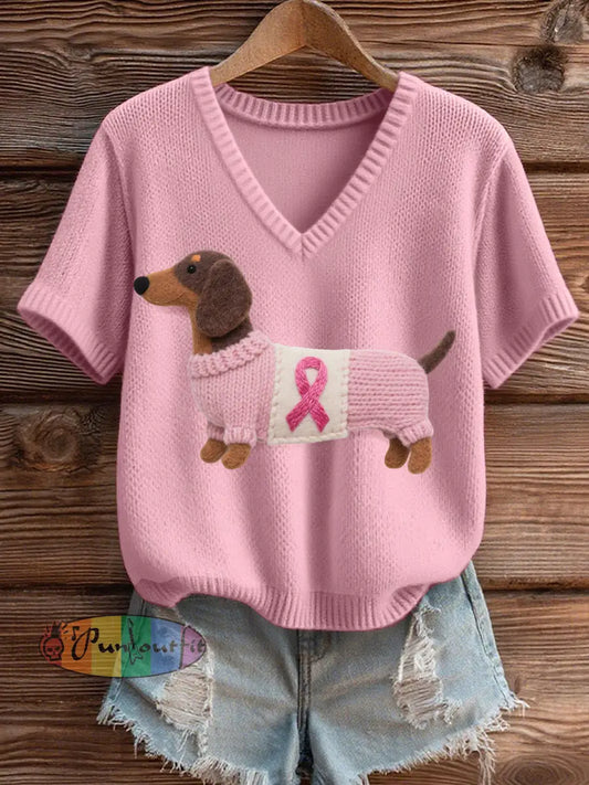 Women’s Felt Art Dachshund Pattern Cozy V Neck Knit Top Light Pink / S