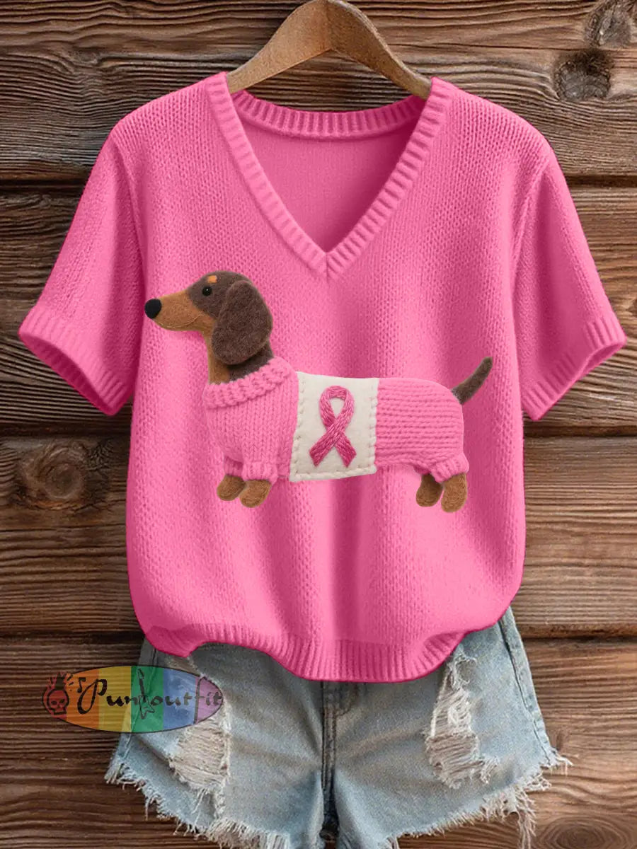 Women’s Felt Art Dachshund Pattern Cozy V Neck Knit Top Pink / S