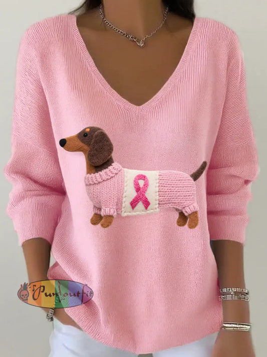 Women’s Felt Art Dachshund Pattern V Neck Ribbed Top Pink / S