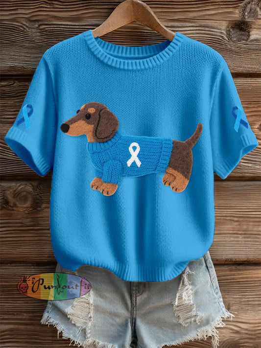 Women’s Felt Art Dachshund & Ribbon Pattern Cozy Knit Top Blue / S