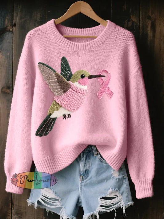 Women’s Felt Art Hummingbird Pattern Cozy Knit Sweater Pink / S