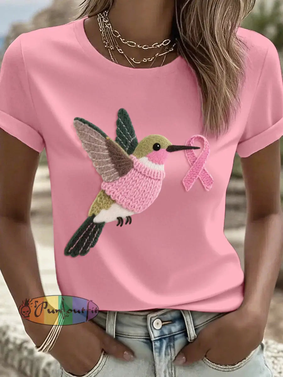 Women’s Felt Art Hummingbird Pattern T Shirt Pink / S