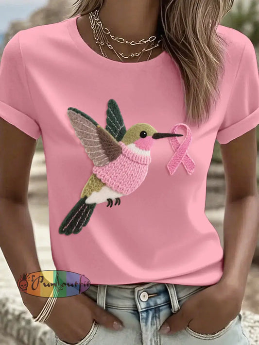 Women’s Felt Art Hummingbird Pattern T Shirt Pink / S