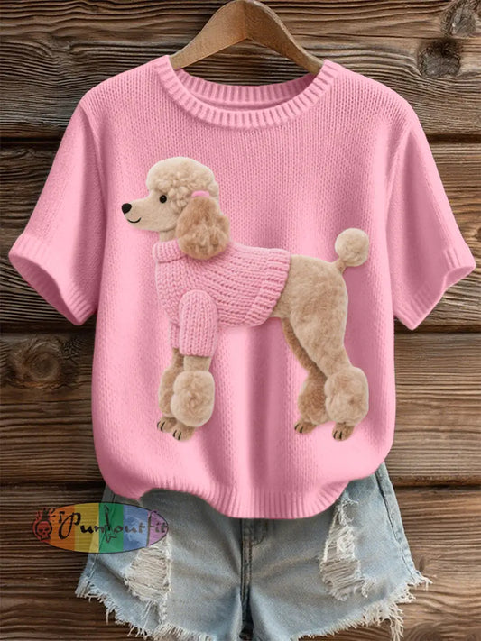 Women’s Felt Art Poodle Dog Pattern Cozy Knit Top Pink / S