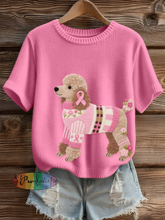 Women’s Felt Art Poodle Dog Pattern Cozy Knit Top Pink / S