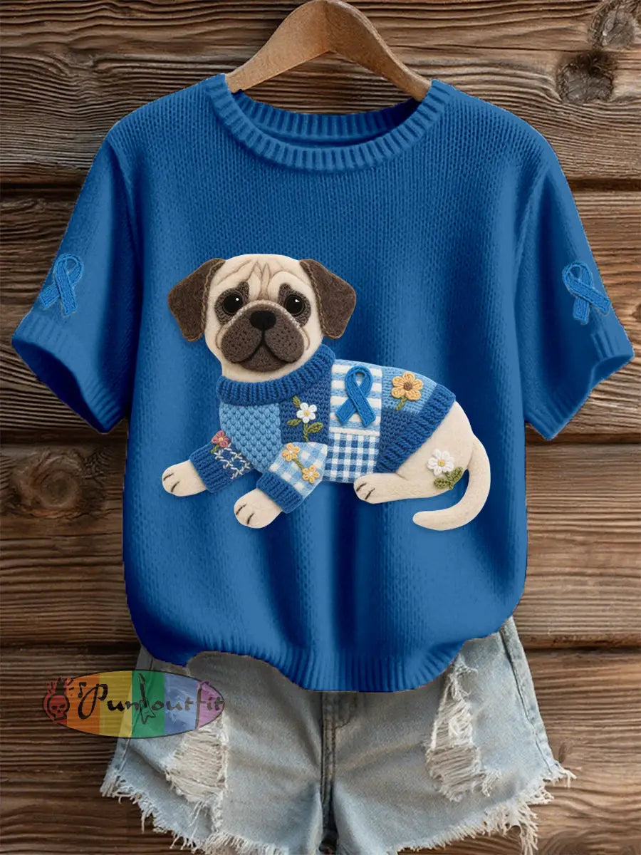 Women’s Felt Art Pug & Blue Ribbon Pattern Cozy Knit Top Navy Blue / S