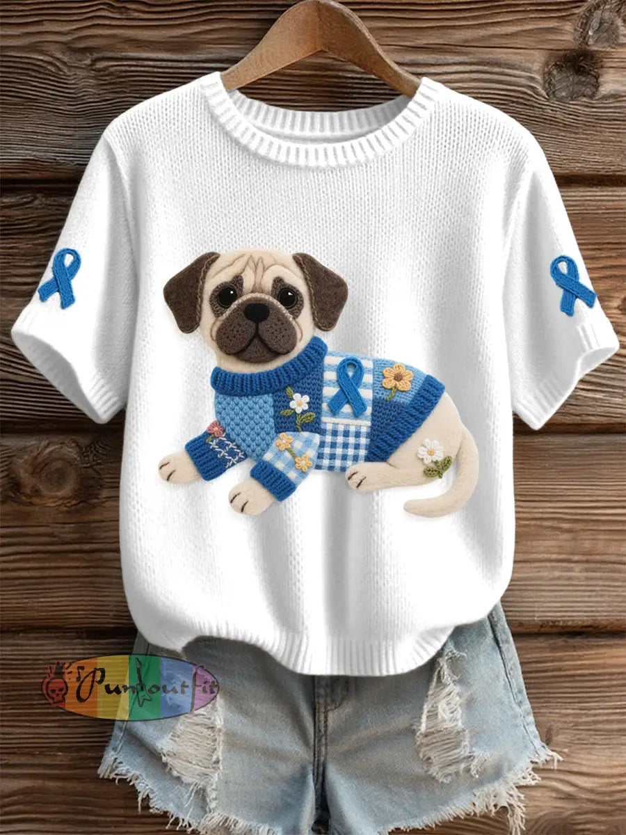 Women’s Felt Art Pug & Blue Ribbon Pattern Cozy Knit Top White / S
