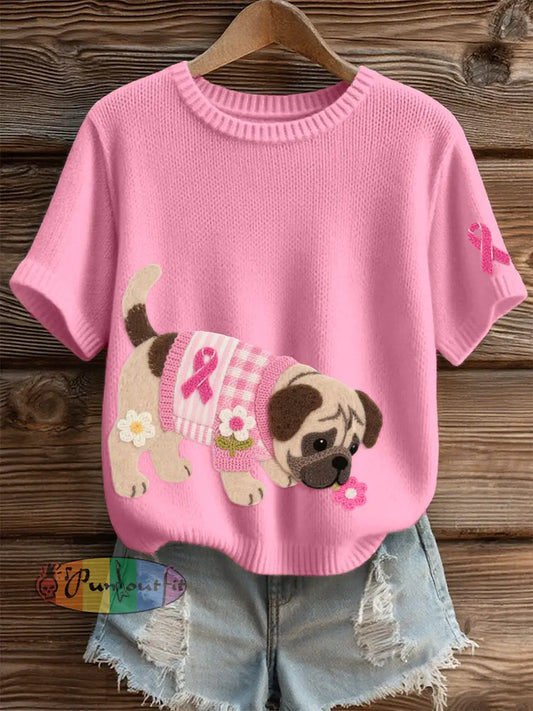 Women’s Felt Art Pug Pattern Cozy Knit Top Pink / S