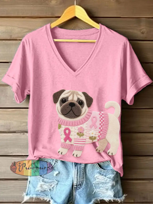 Women’s Felt Art Pug Pattern V Neck T Shirt Pink / S
