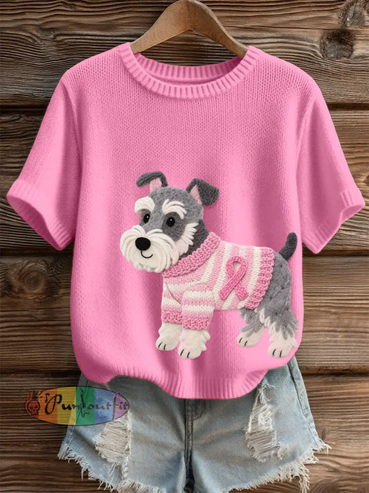 Women’s Felt Art Schnauzer Dog Pattern Cozy Knit Top Pink / S