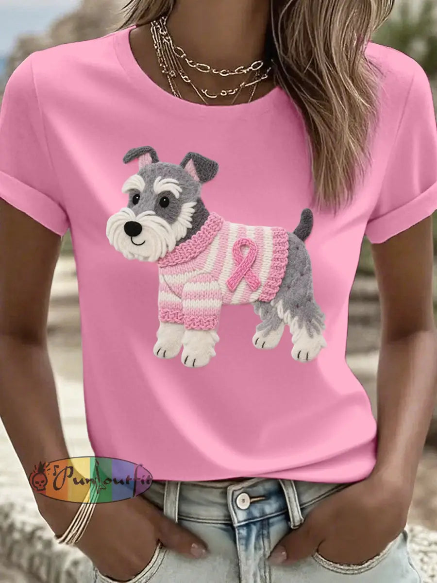 Women’s Felt Art Schnauzer Dog Pattern T Shirt Pink / S