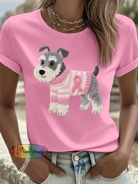 Women’s Felt Art Schnauzer Dog Pattern T Shirt Pink / S