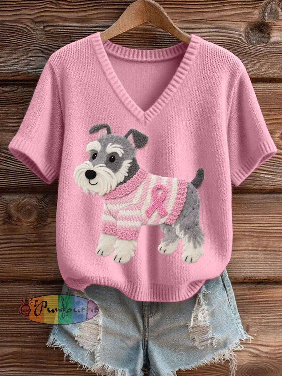 Women’s Felt Art Schnauzer Pattern Cozy V Neck Knit Top Pink / S