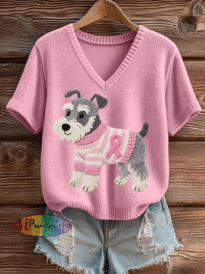 Women’s Felt Art Schnauzer Pattern Cozy V Neck Knit Top Pink / S
