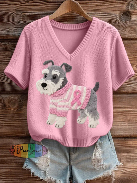 Women’s Felt Art Schnauzer Pattern Cozy V Neck Knit Top Pink / S