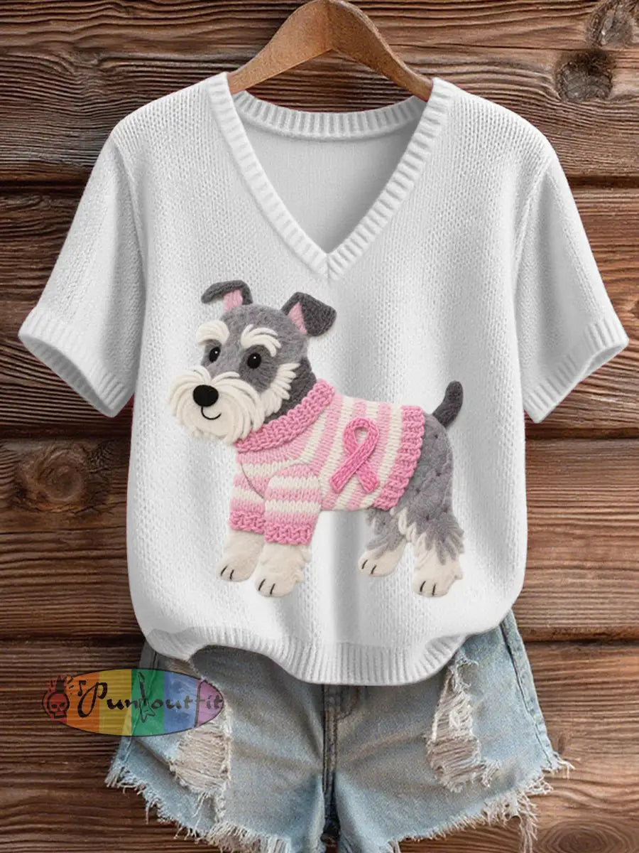 Women’s Felt Art Schnauzer Pattern Cozy V Neck Knit Top White / S