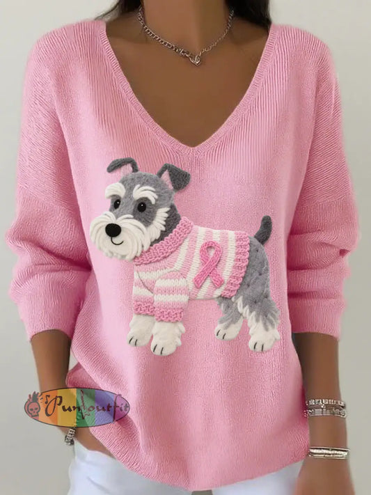 Women’s Felt Art Schnauzer Pattern V Neck Ribbed Top Pink / S