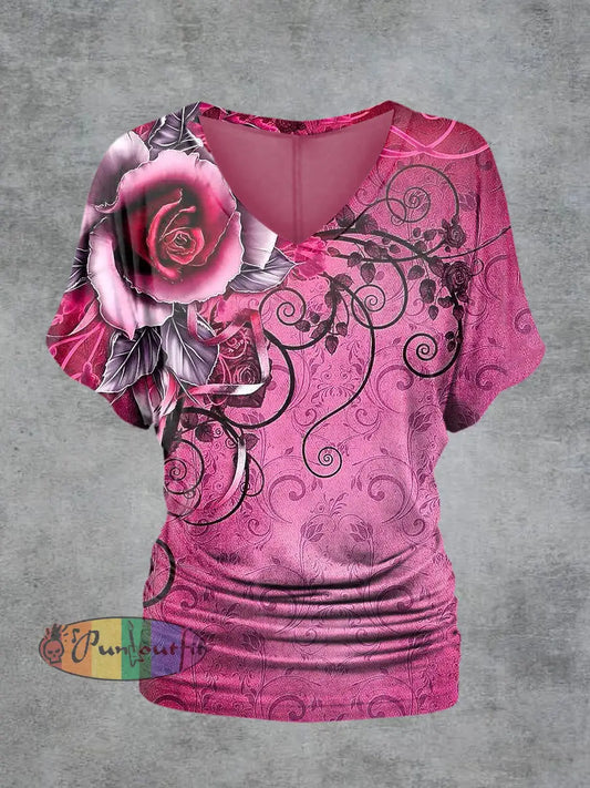 Women’s Floral Art Print V-Neck Short Sleeve Casual T-Shirt Pink / S