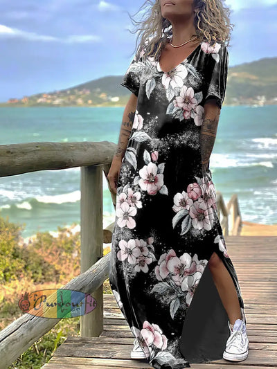 Women’s Floral Print Punk Daily Short Sleeve Maxi Dress Black / S