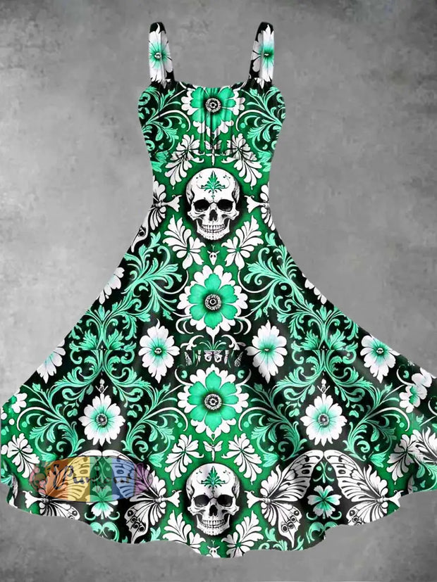 Women’s Floral Skull Butterfly Print Camisole Dress Green / S