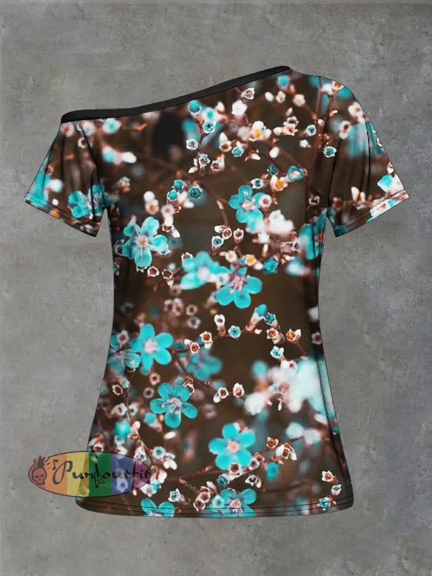 Women’s Flowers Print Strapless Short Sleeve Casual T-Shirt Colorful / S