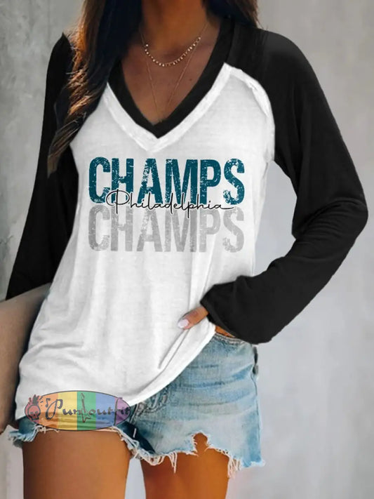 Women’s Football Fans Lovers Gameday Casual Double Layer Neck Long Sleeve T-Shirt Black / S