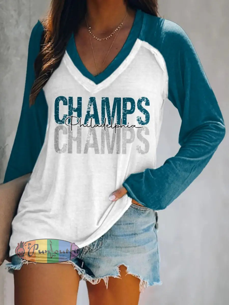 Women’s Football Fans Lovers Gameday Casual Double Layer Neck Long Sleeve T-Shirt Peacock Blue / S