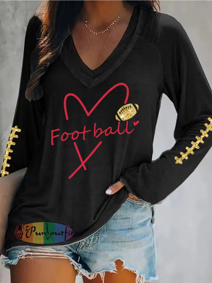 Women’s Football Fans Lovers Gameday Casual Long Sleeve T-Shirt Black / S