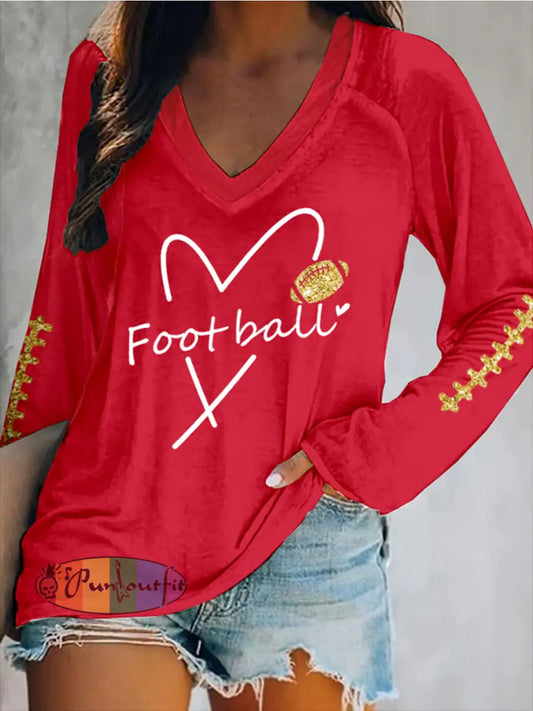 Women’s Football Fans Lovers Gameday Casual Long Sleeve T-Shirt Red / S