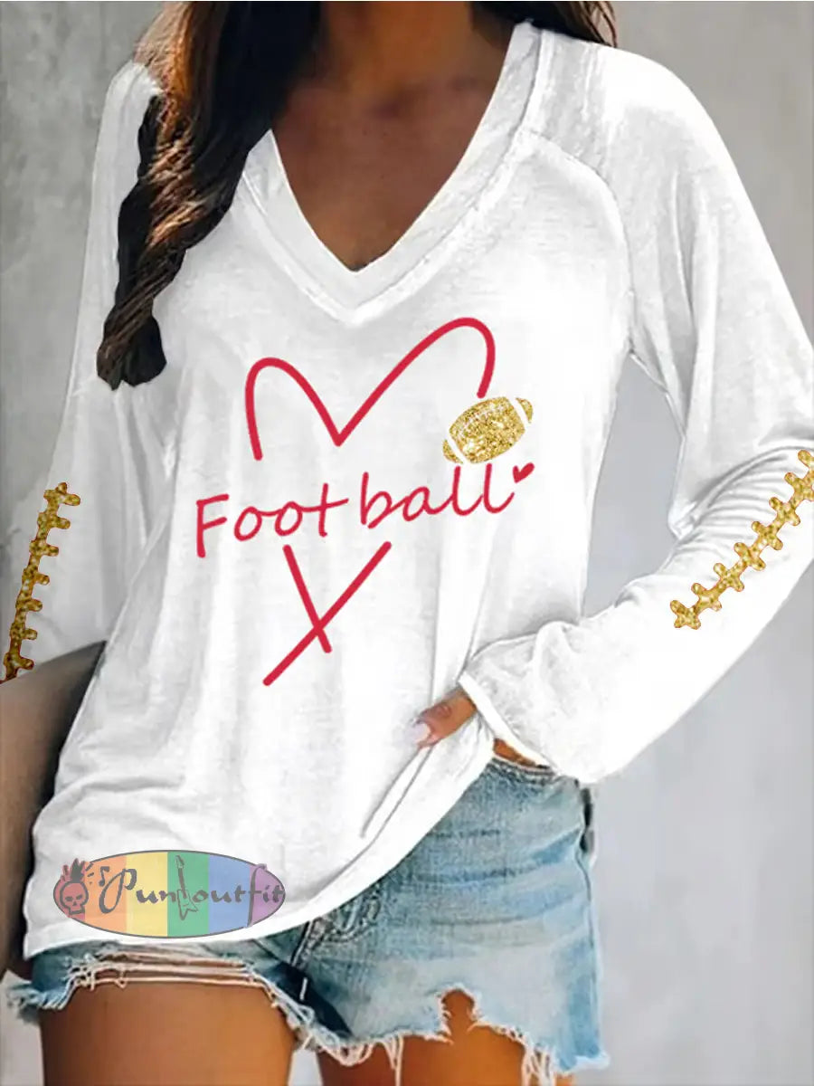 Women’s Football Fans Lovers Gameday Casual Long Sleeve T-Shirt White / S
