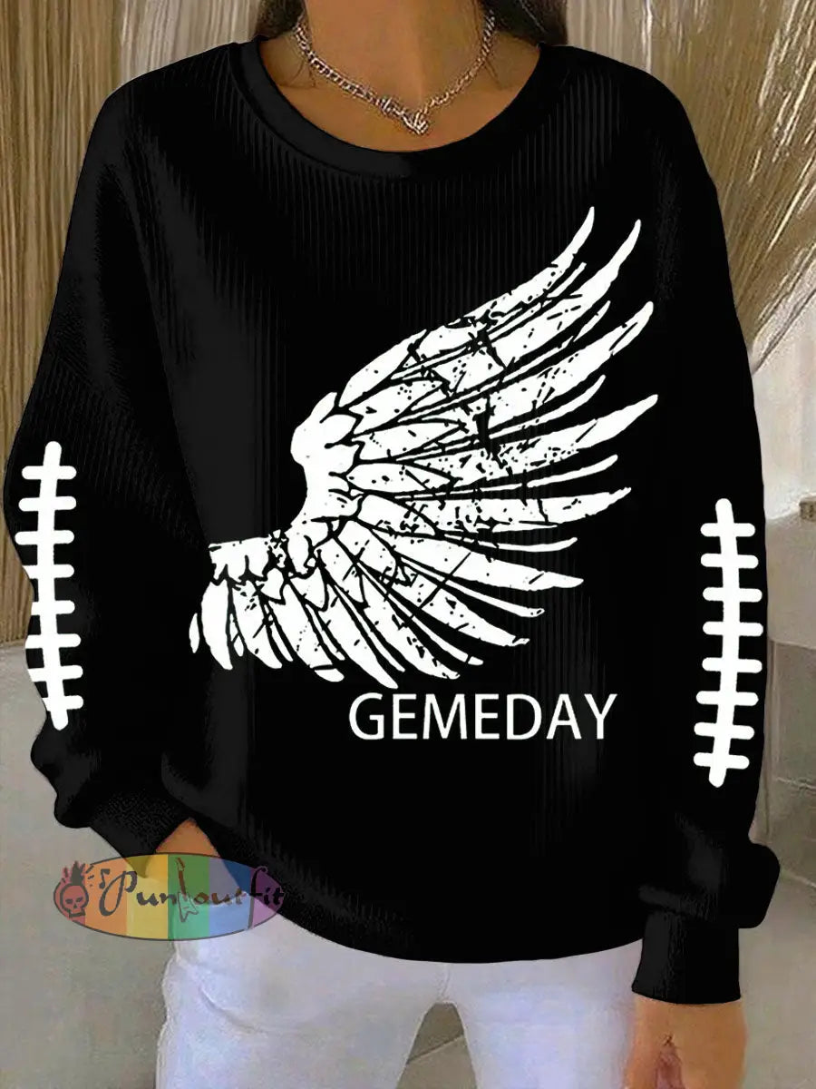 Women’s Football Fans Lovers Gameday Casual Printed Casual Loose Long Sleeve Top Black / S