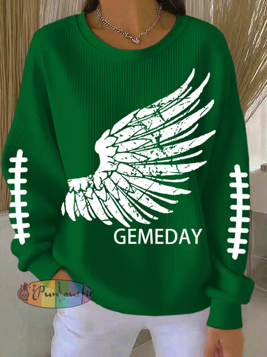 Women’s Football Fans Lovers Gameday Casual Printed Casual Loose Long Sleeve Top Green / S
