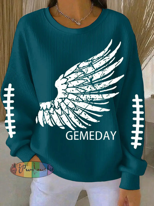 Women’s Football Fans Lovers Gameday Casual Printed Casual Loose Long Sleeve Top Peacock Blue / S