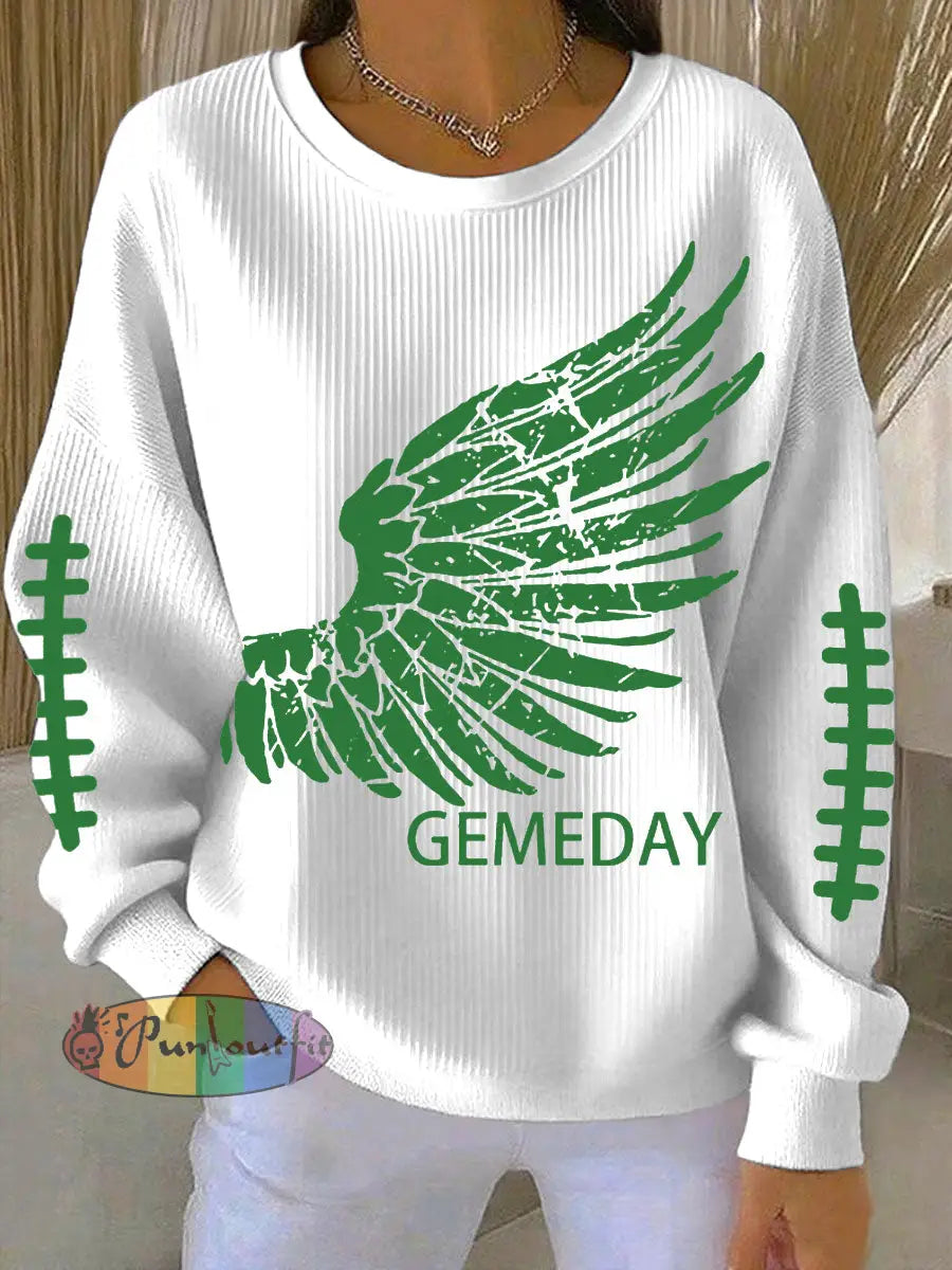 Women’s Football Fans Lovers Gameday Casual Printed Casual Loose Long Sleeve Top White / S
