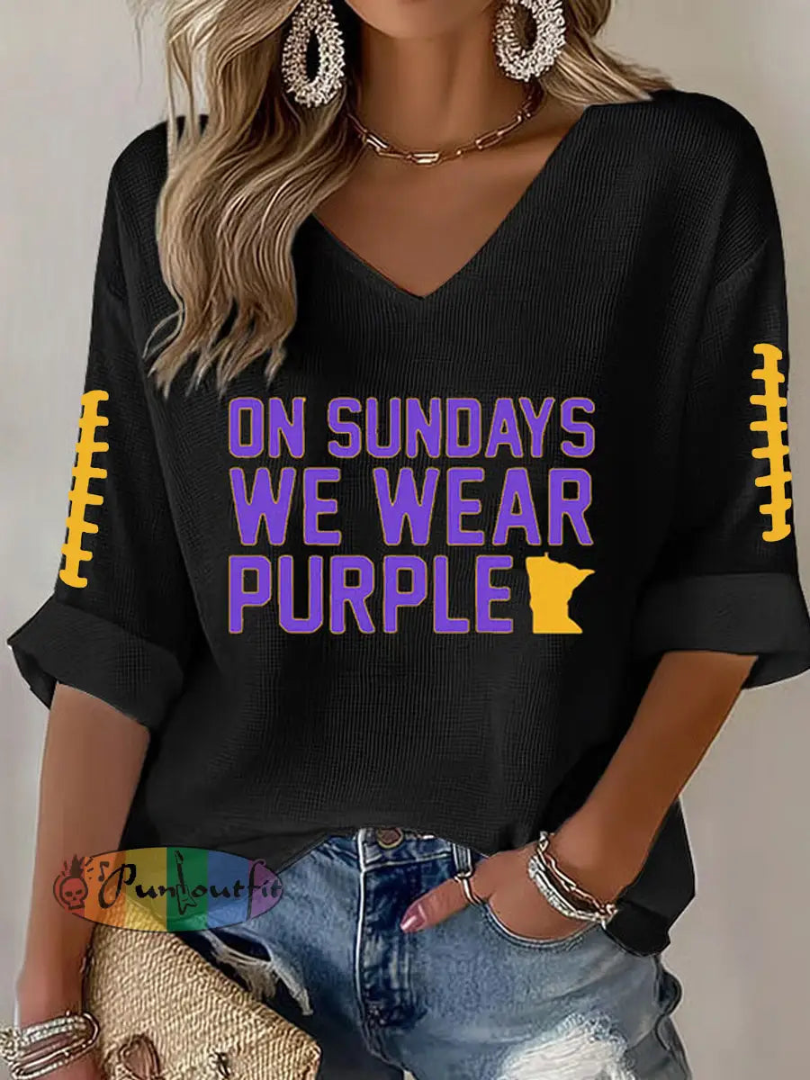 Women’s Football Fans Lovers Gameday Casual V-Neck Long-Sleeve Top Black / S