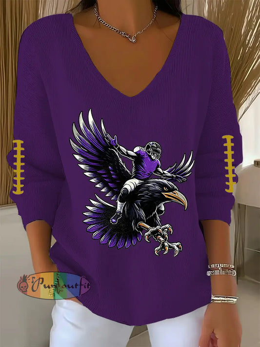 Women’s Football Fans Lovers Gameday Casual V Neck Ribbed Top Purple / S