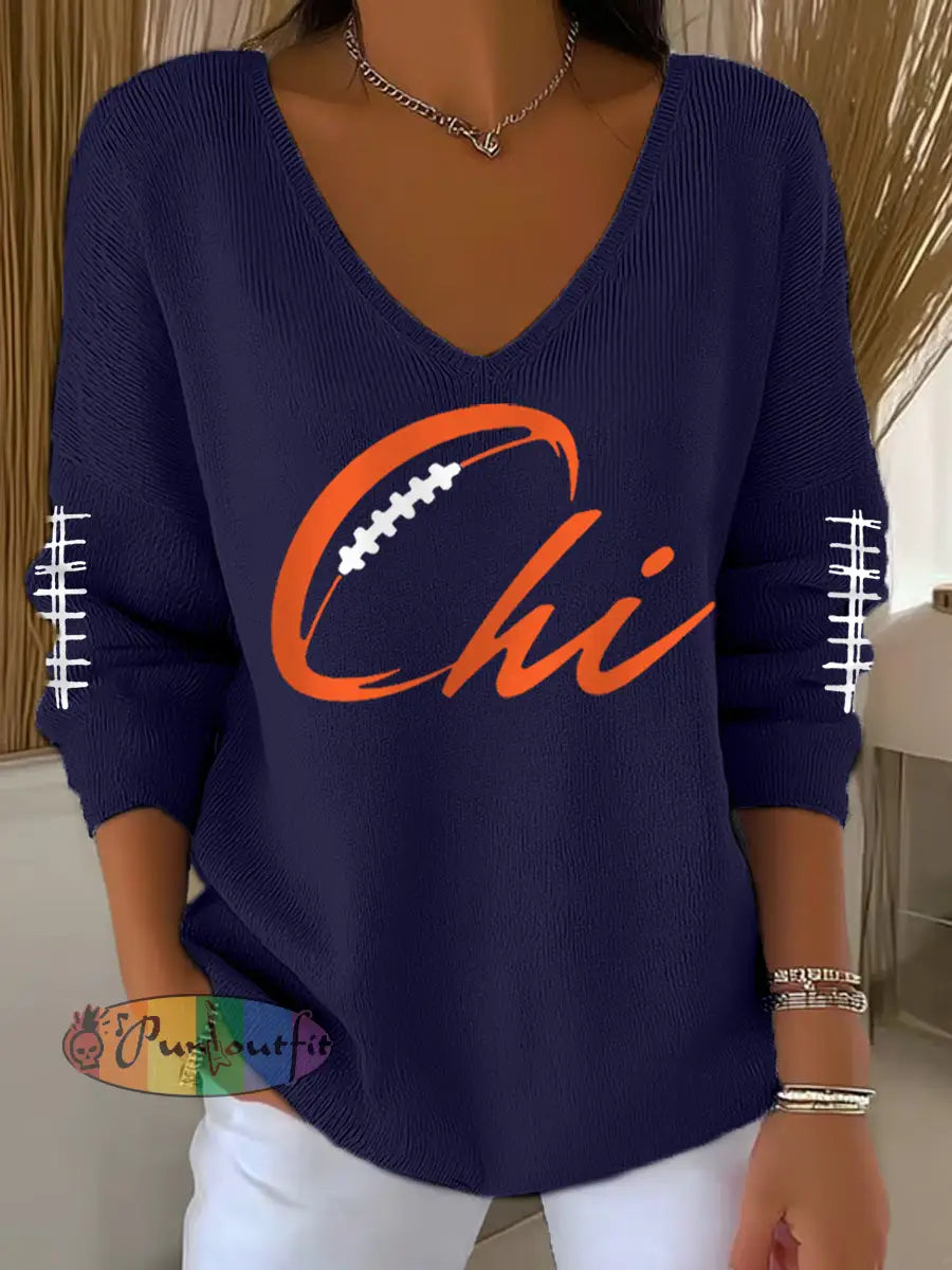 Women’s Football Fans Lovers Gameday Casual V-Neck Top Navy Blue / S