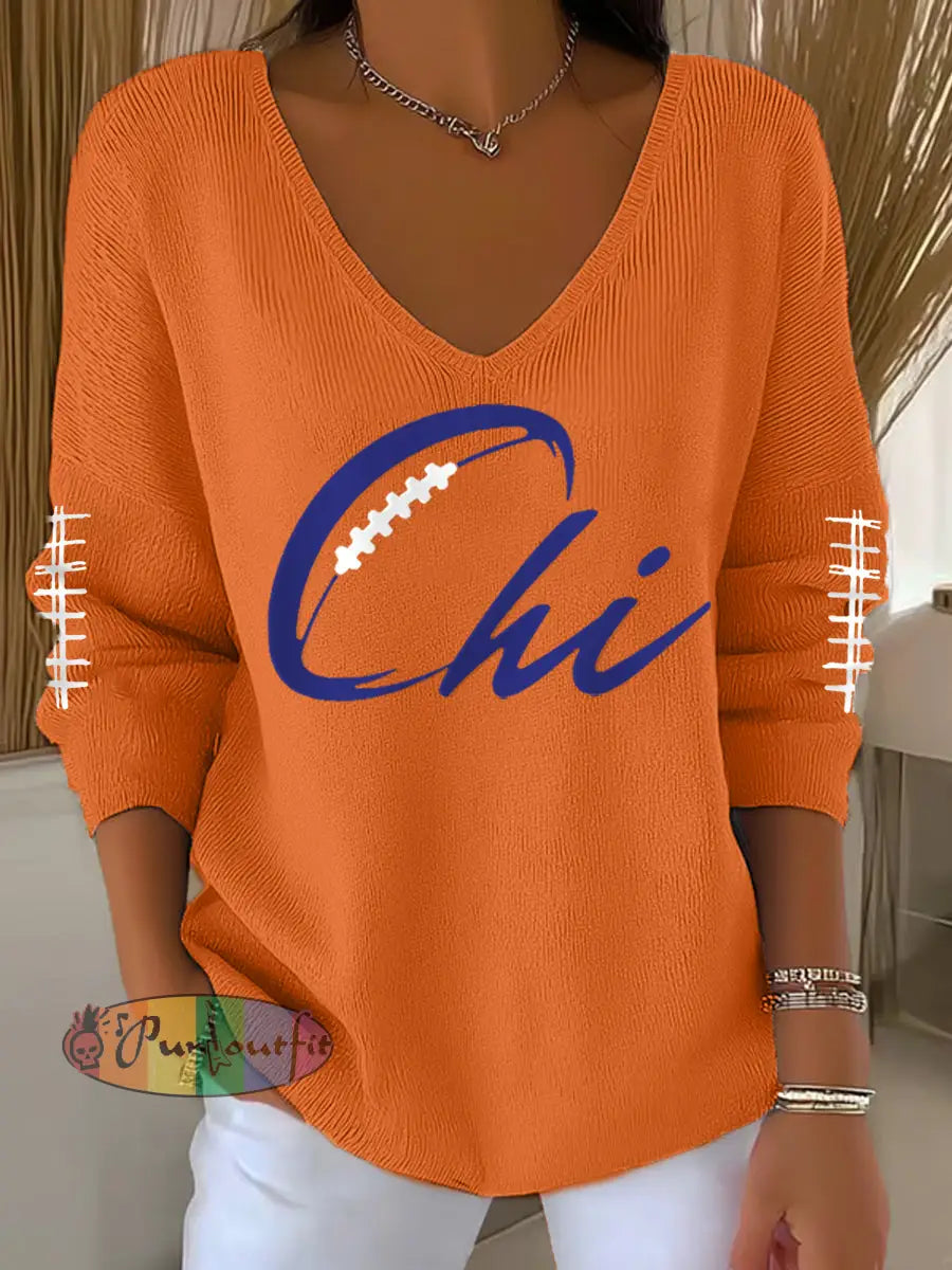Women’s Football Fans Lovers Gameday Casual V-Neck Top Orange / S