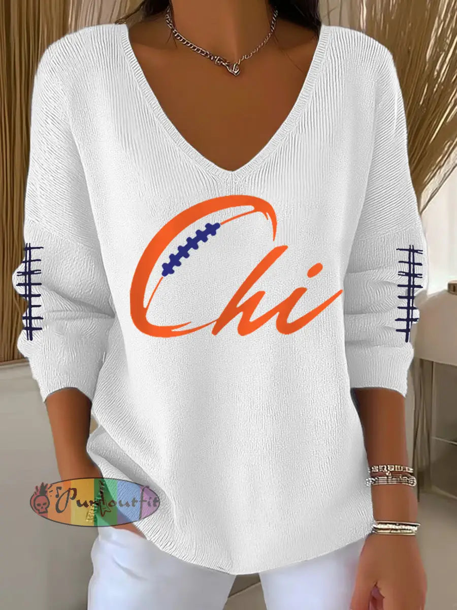 Women’s Football Fans Lovers Gameday Casual V-Neck Top White / S