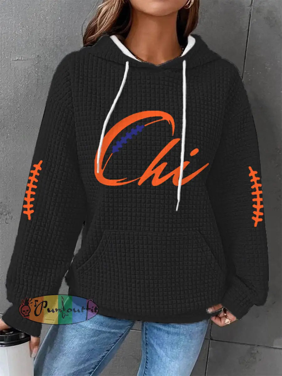 Women’s Football Fans Lovers Gameday Casual Waffle Hoodie Black / S