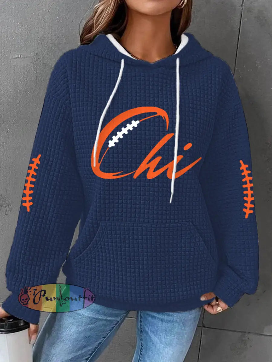 Women’s Football Fans Lovers Gameday Casual Waffle Hoodie Navy Blue / S